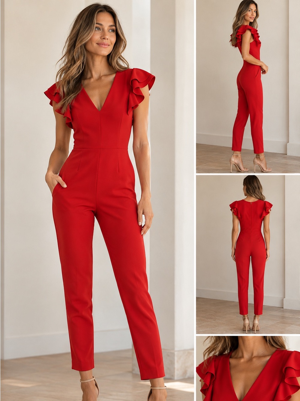 Black Halo Red Ruffle-Sleeve V-Neck Jumpsuit
